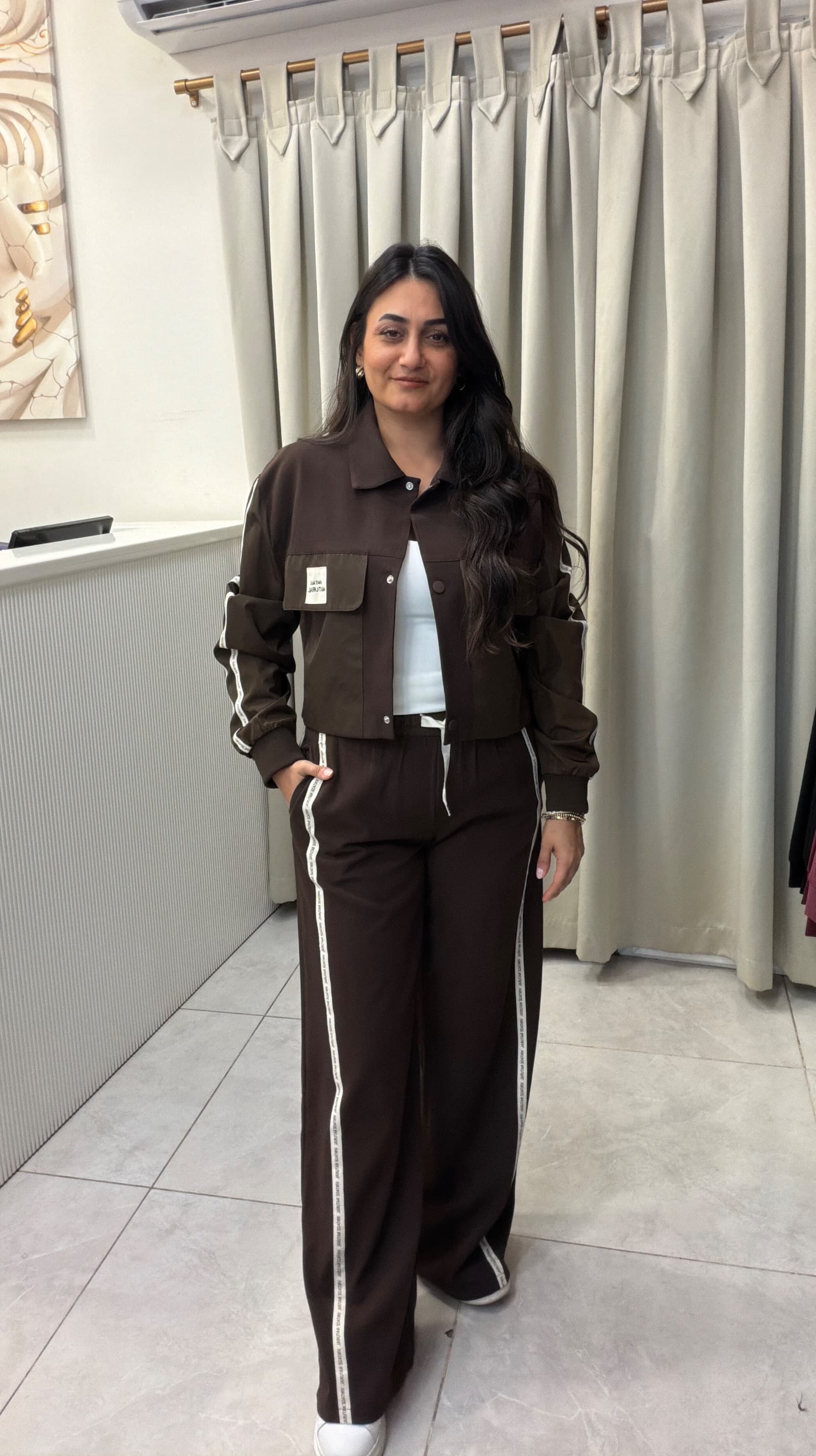 CROP CEKET BOL PAÇA PANTOLON KAHVERENGİ EŞOFMAN TAKIMI