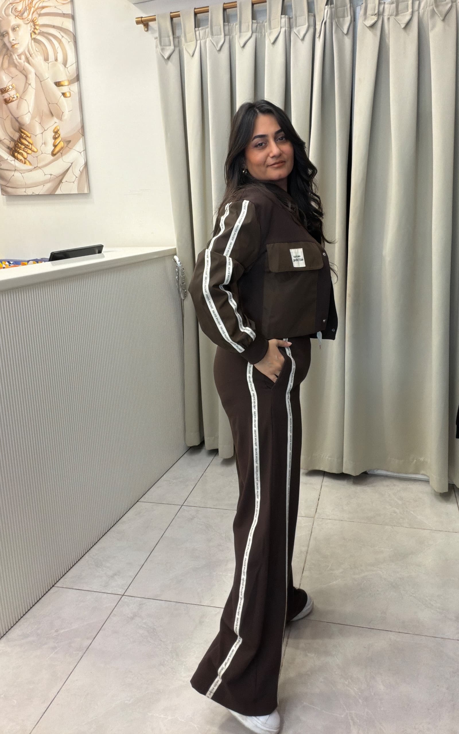 CROP CEKET BOL PAÇA PANTOLON KAHVERENGİ EŞOFMAN TAKIMI